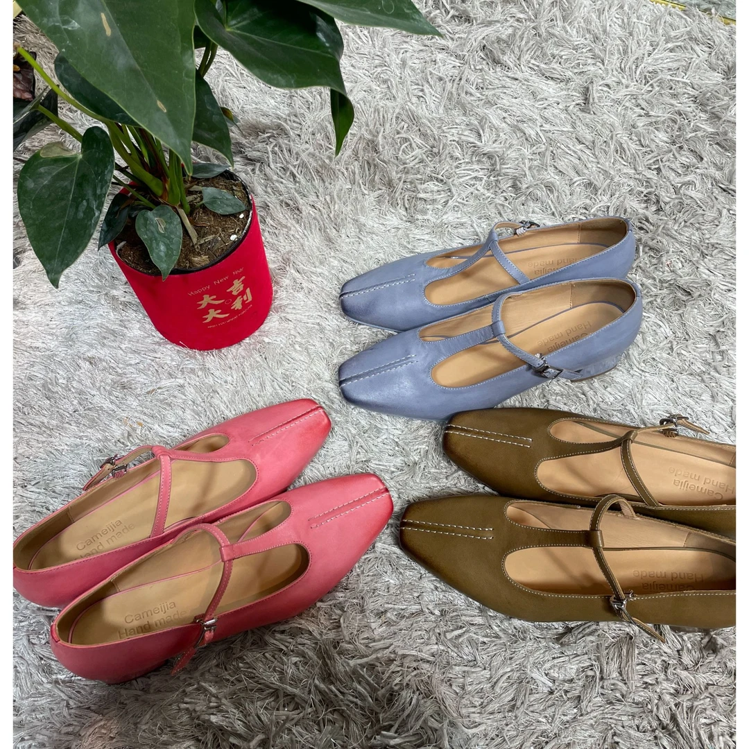 马皮版~复古通勤T字扣马皮外穿玛丽珍鞋女百搭方头高跟浅口618