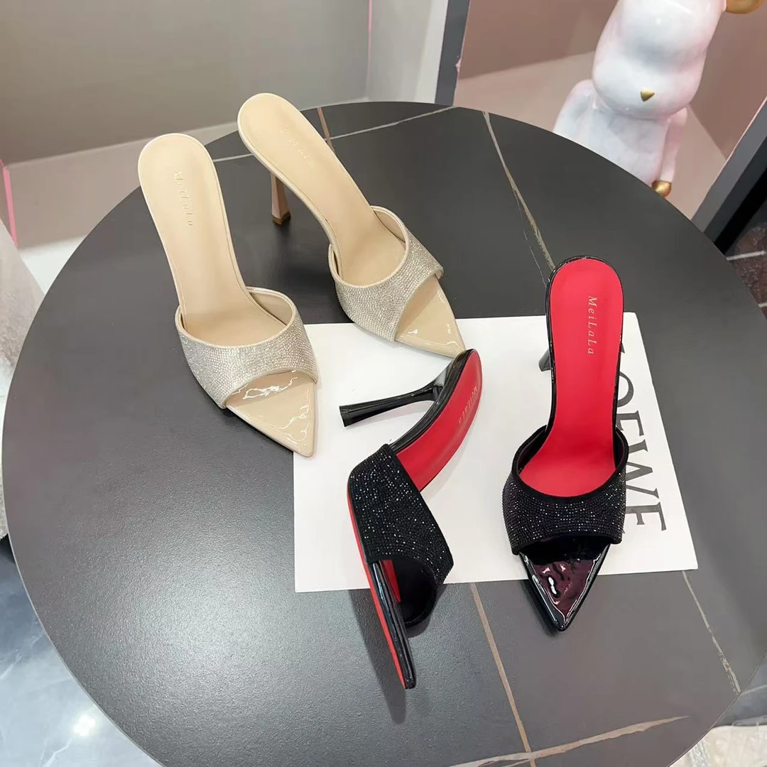 2025夏季新款尖头高跟拖鞋细跟露趾法式气质外穿凉鞋女14850-2