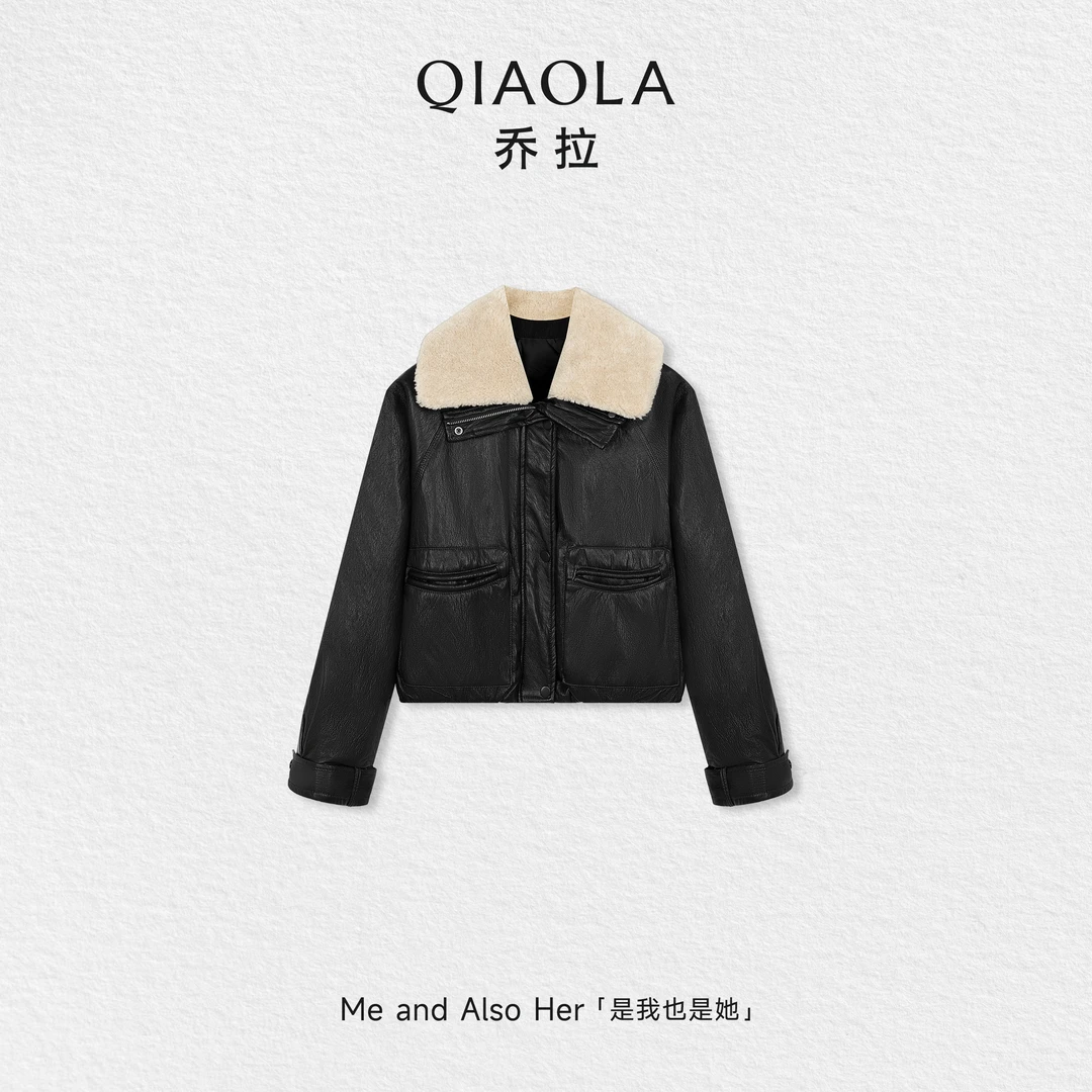 QIAOLA/乔拉【金属骑士】秋冬白鸭绒复古可拆卸毛领百搭短款皮外套