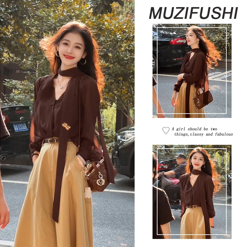 早秋时尚套装2025新款气质宽松飘带显瘦衬衫垂感高腰半身裙女装潮