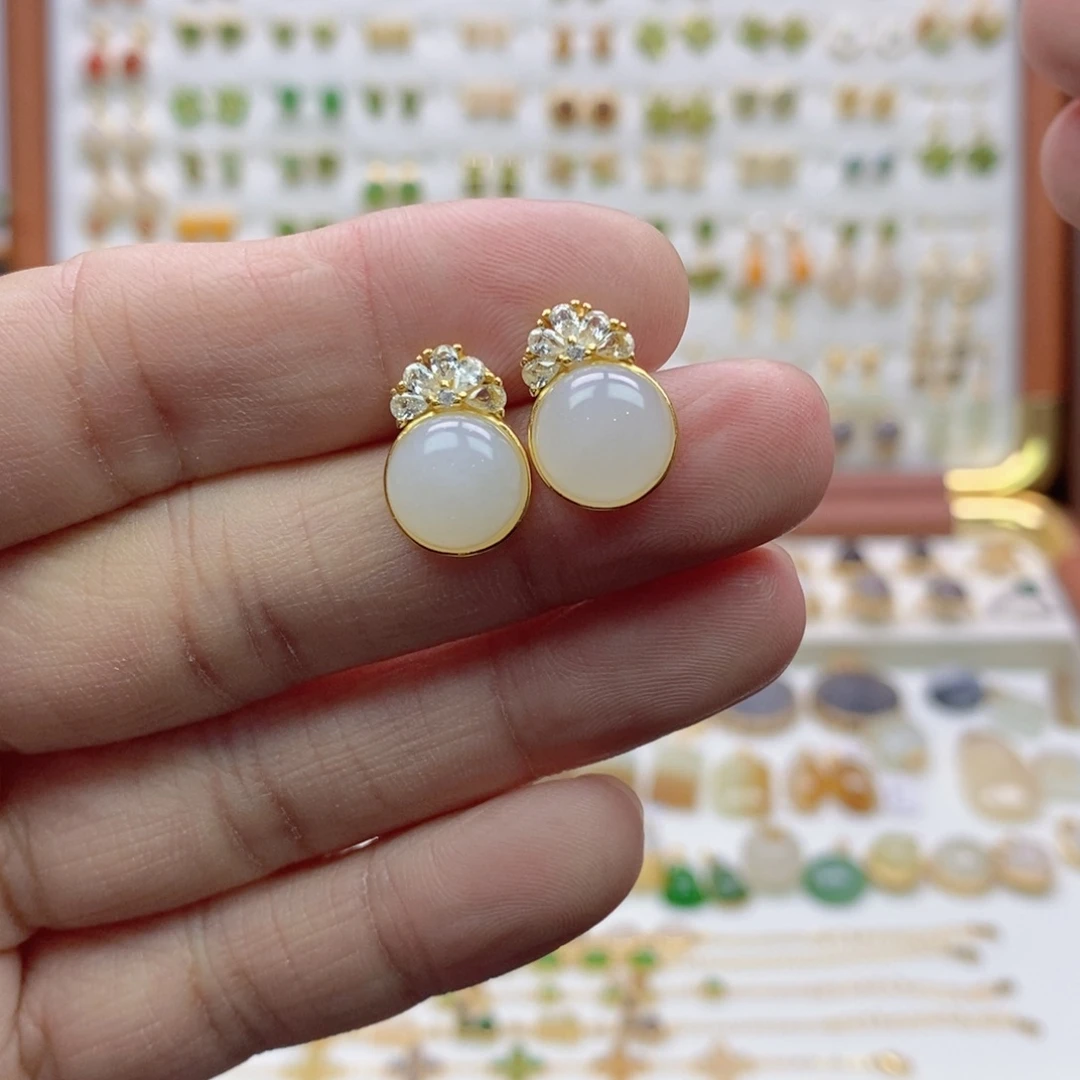 和田玉银S925镶嵌耳饰