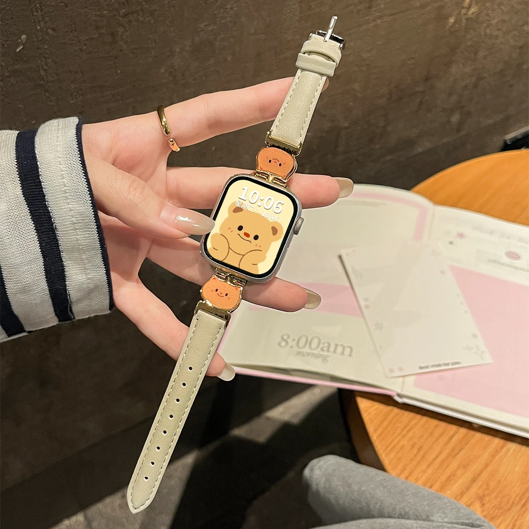 棕色软皮小比熊适用iwatch S11表带applewatch S10苹果se手表秋冬