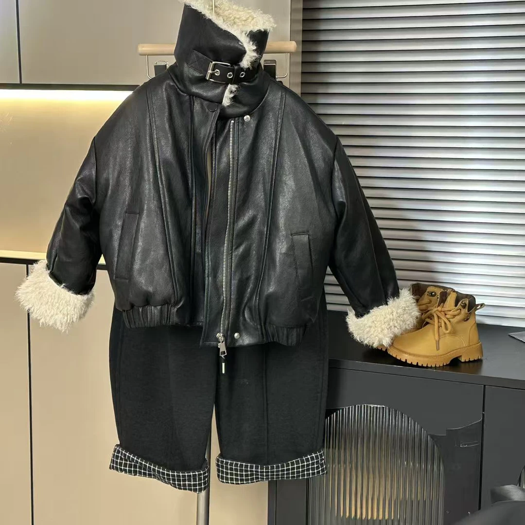 《高品质》皮衣儿童新款夹克加绒ins短款冬季POLO领加厚外穿休闲