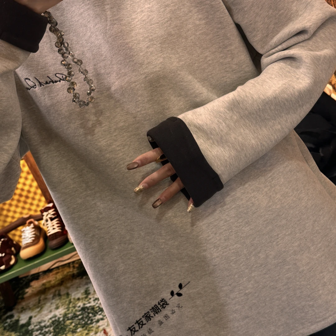 【友友家】拼接刺绣情侣加厚宽松慵懒套头卫衣长袖秋冬