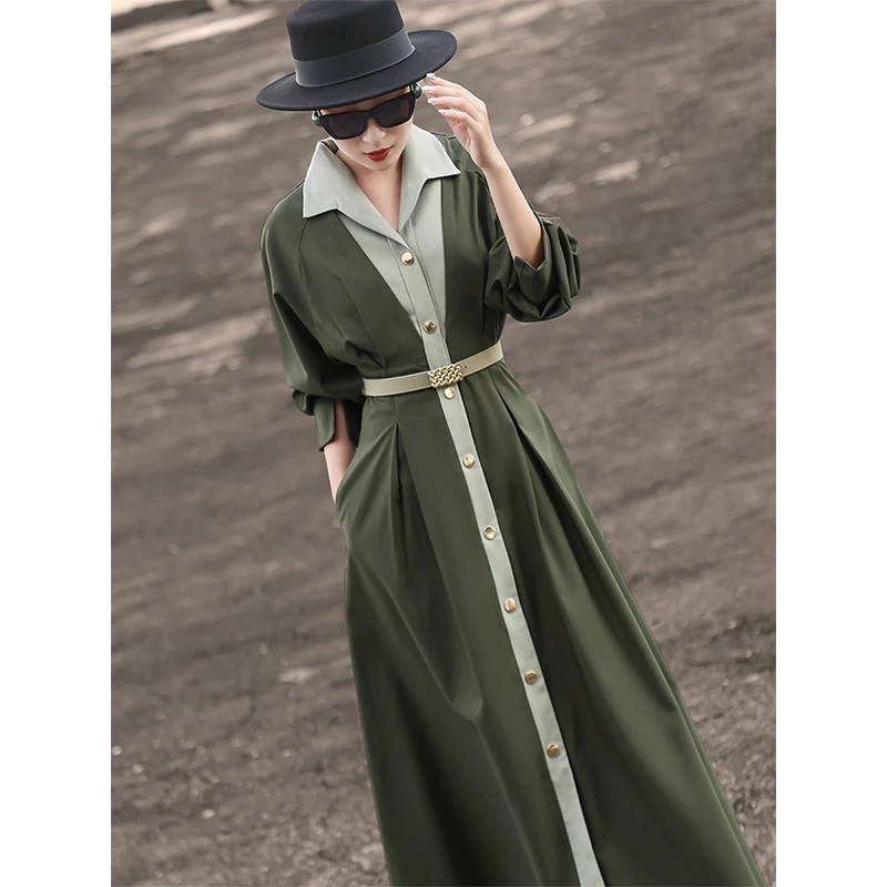 MEXCOCO/兰瑟儿早秋新款气质通勤撞色收腰系带衬衫连衣裙M4WL2129