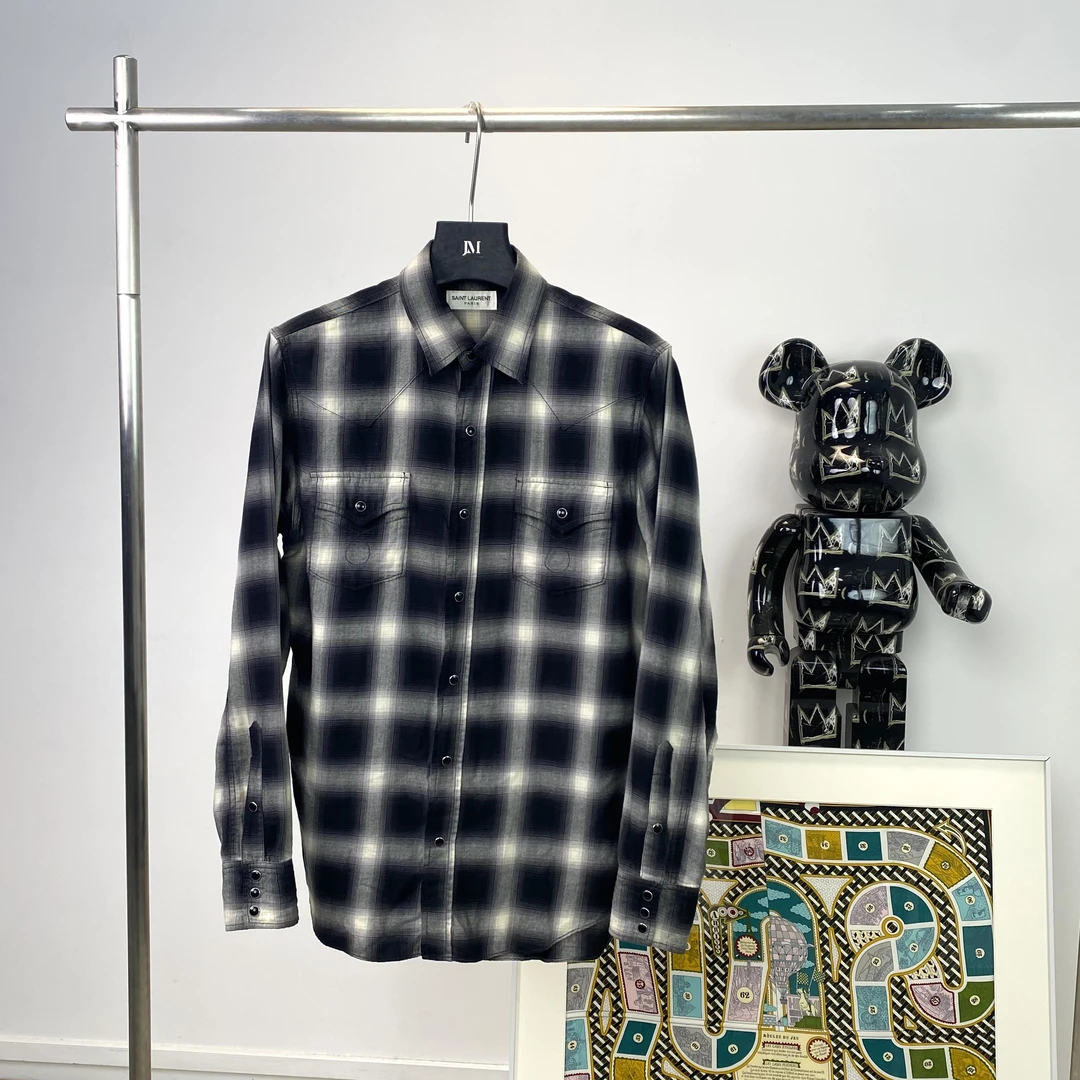99新 YSL/圣罗兰 1273/Saint Laurent 黑白拼色格纹长袖衬衣/M码