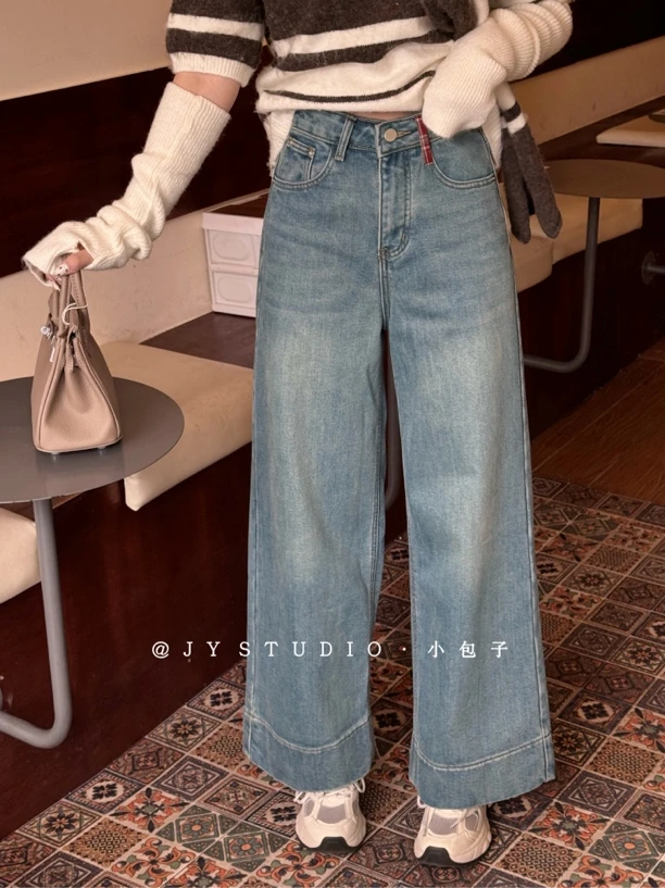 小包子【高腰牛仔九分裤】植绒蓝色显瘦阔腿裤女