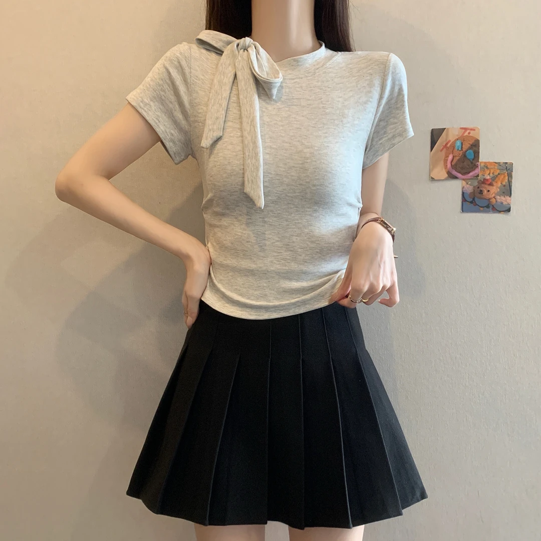 yoewshean/羽媗夏季微胖mm大码女装蝴蝶结圆领短袖t恤巨遮肚显瘦