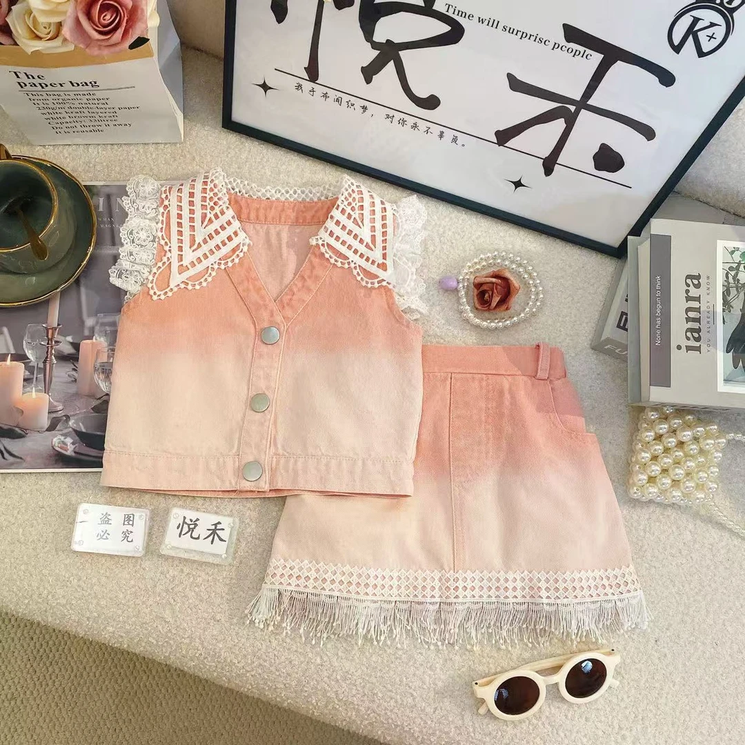 M新款韩版夏季女童时尚女粉色儿童休闲洋气牛仔百搭套装80320