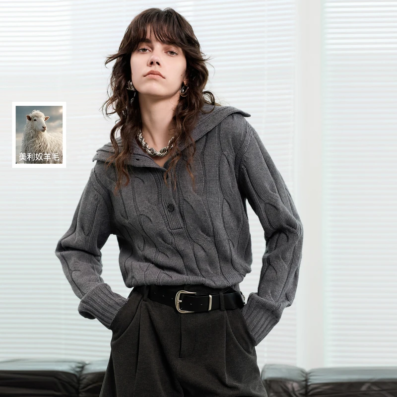 三彩丽雪leisure2025冬季新款两穿翻领绞花针织衫长袖套头毛衫女