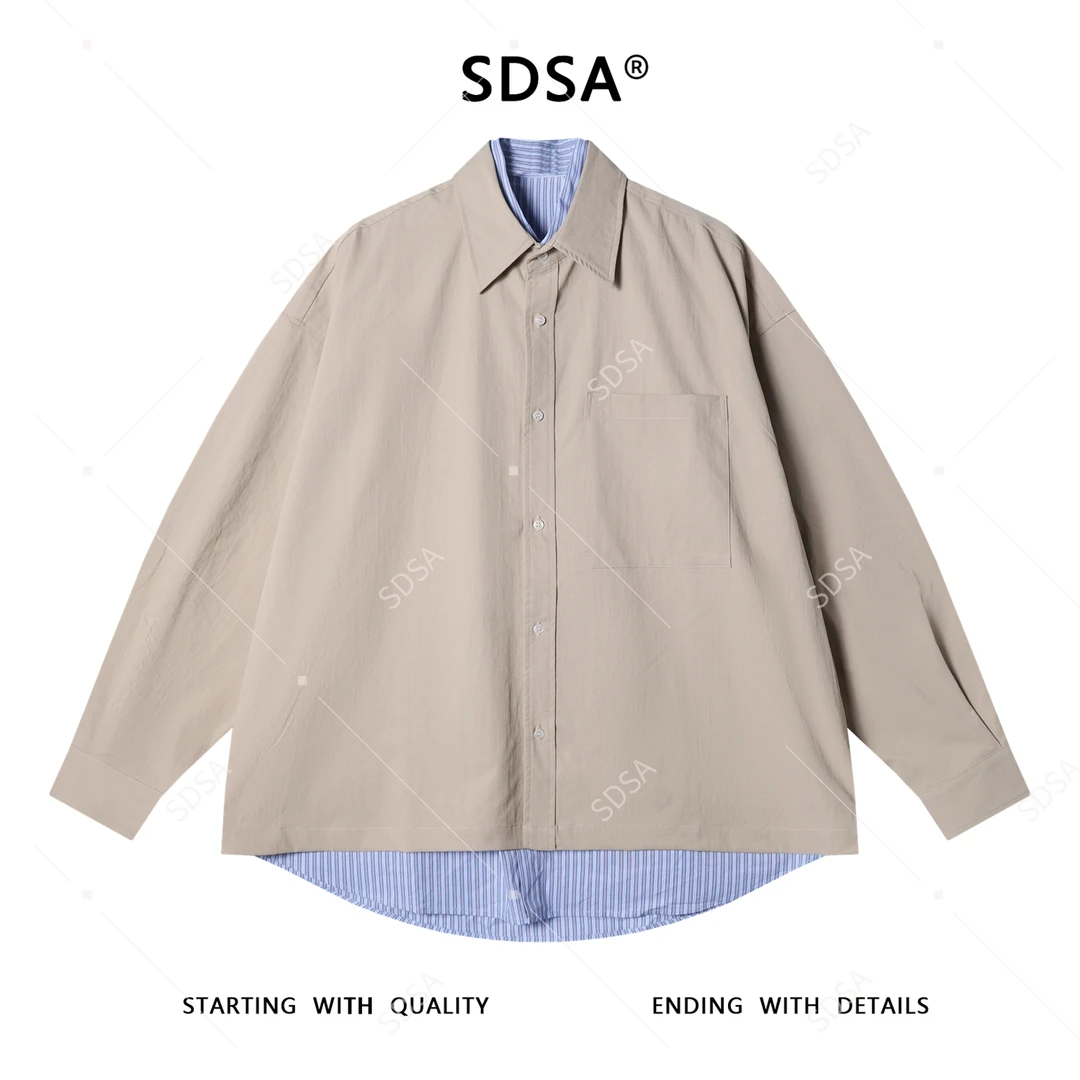 SDSA男士秋冬新款痞帅男装潮牌拼接假两件翻领长袖衬衫百搭时尚