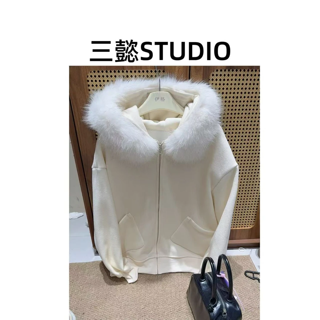 【三懿服饰】秋季新款气质开衫长袖毛领时尚百搭休闲卫衣连帽衫9208