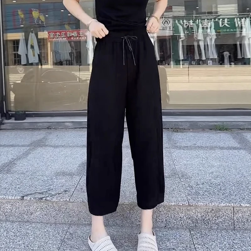 大码女装黑色百搭直筒老爹哈伦裤2025夏季薄款高腰显瘦垂感休闲裤
