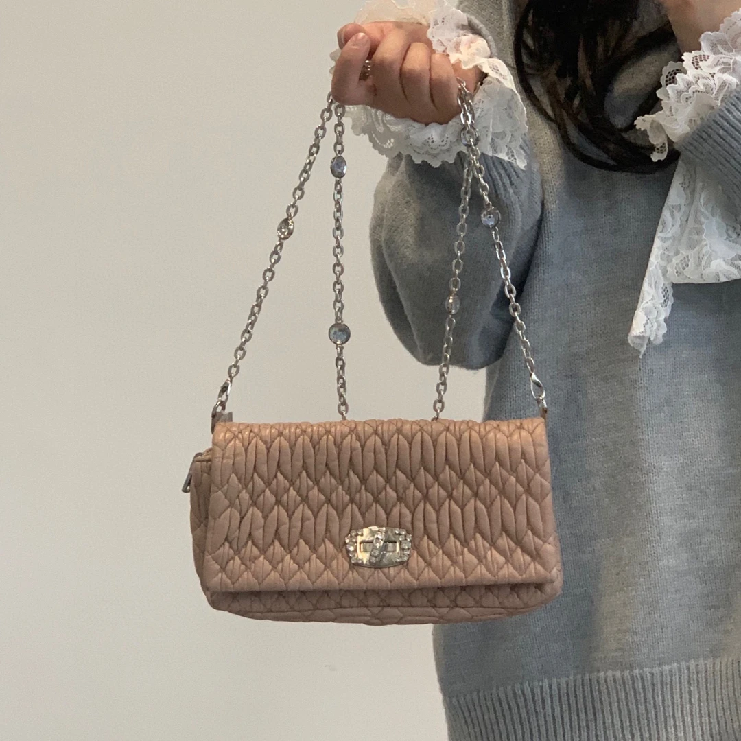 95新 MIU MIU/缪缪 miumiu褶皱宝石包水晶链条单肩斜挎手拎包