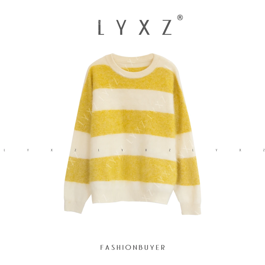 LYXZ x 大小与【柠檬树下】冬季新款温柔甜美气质拼色条纹毛衣81968