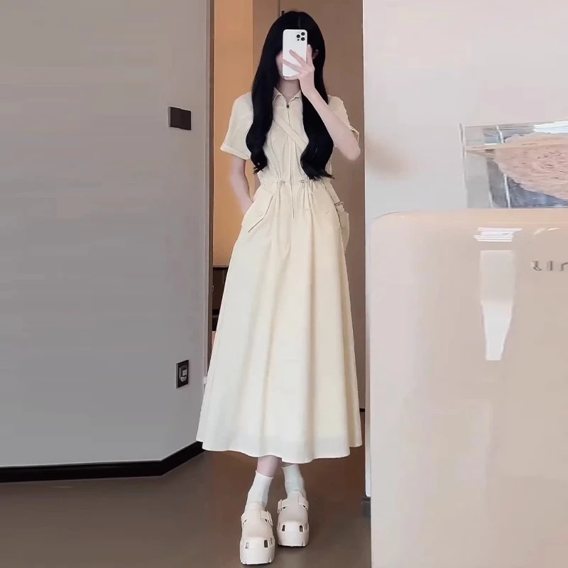 大码抽绳收腰温柔风连衣裙夏季微胖mm显瘦polo领工装法式气质裙子