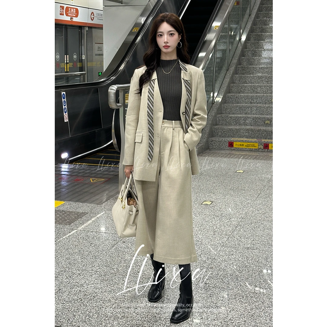 Liixu秋季气质老钱风灰色西装阔腿裤套装爆款高级感三件套250862