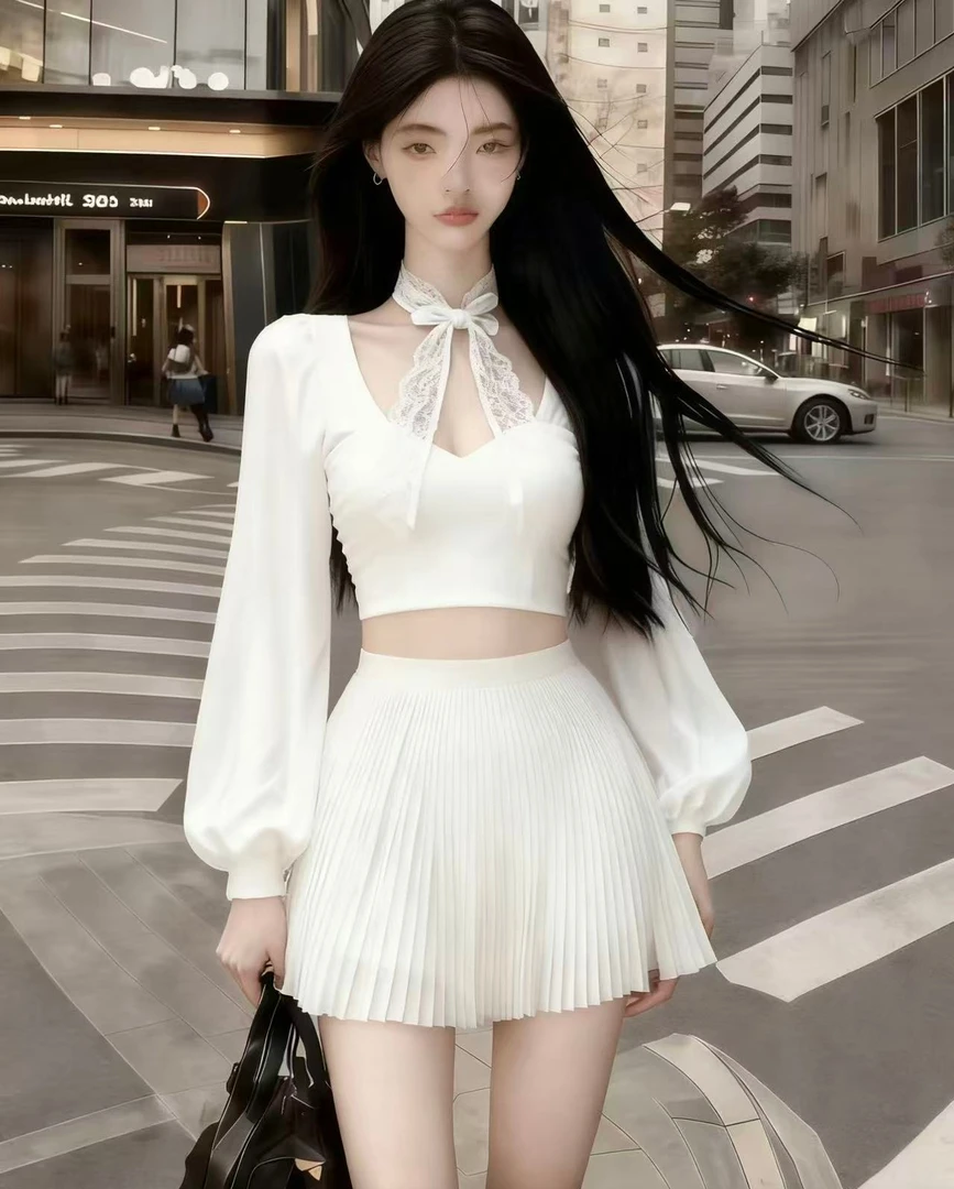 2026新款时尚纯欲风穿搭白色V领长袖短款上衣+白色高腰百褶裙套装