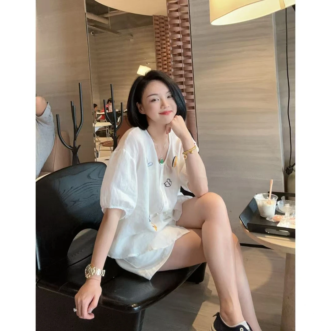 夏季海底珊瑚刺绣中袖宽松衬衣衬衫5-6-14