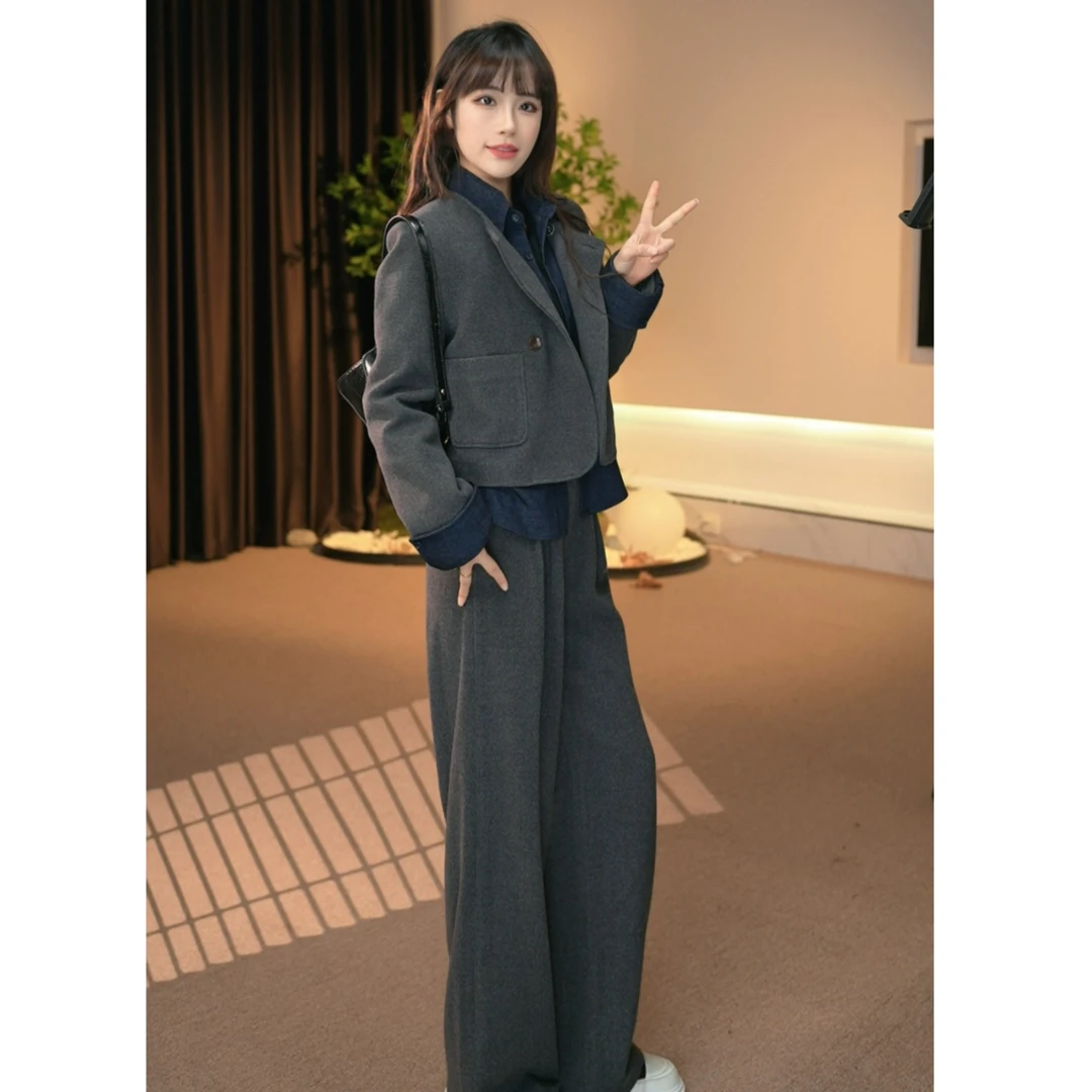 A羽套装女2024秋冬款高级感显瘦羽绒上衣假两件直筒裤BN0387