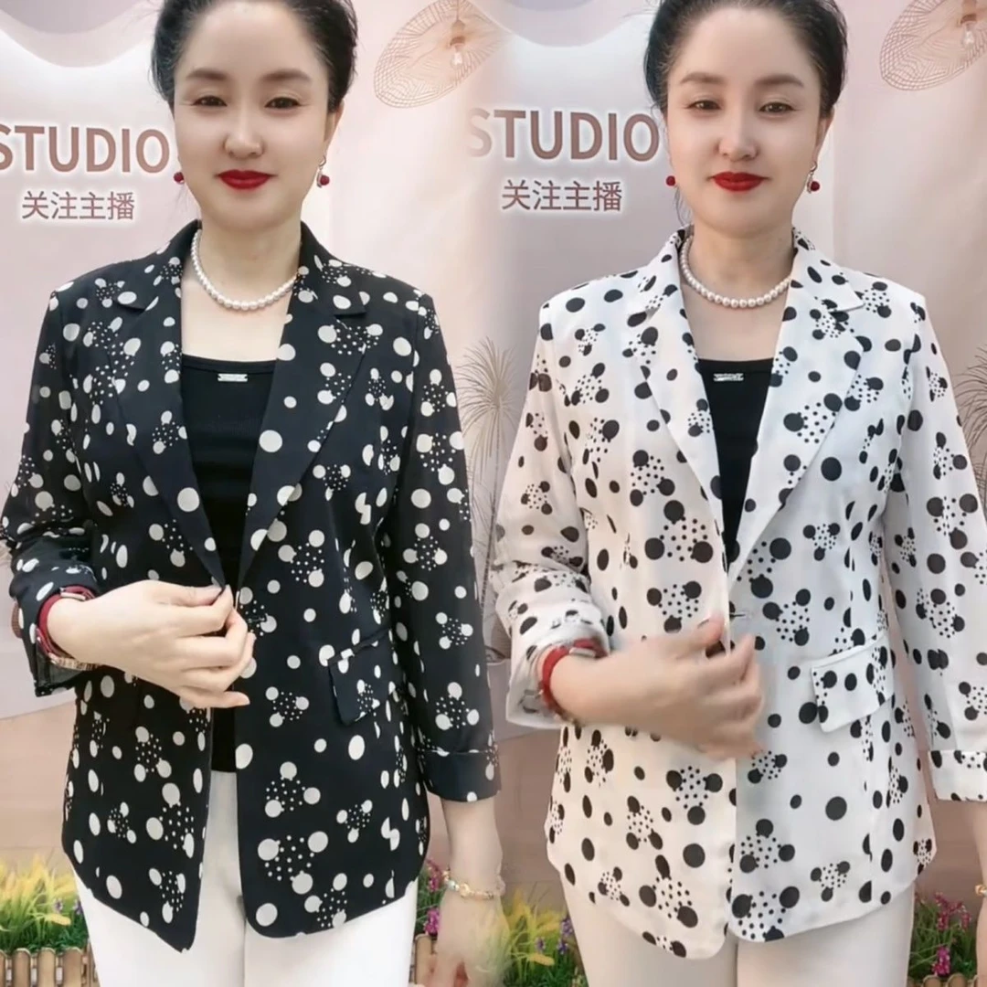 夏季薄款时尚减龄圆点休闲西装外套修身七分袖女士西服妈妈装上衣