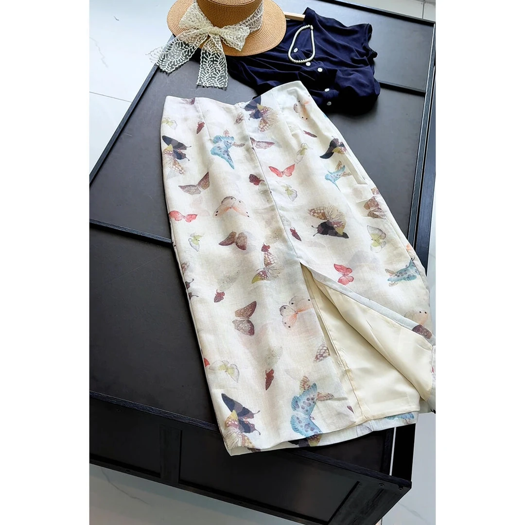 新中式蝴蝶印花高腰苎麻半身裙女夏季显瘦开叉裙子气质长裙