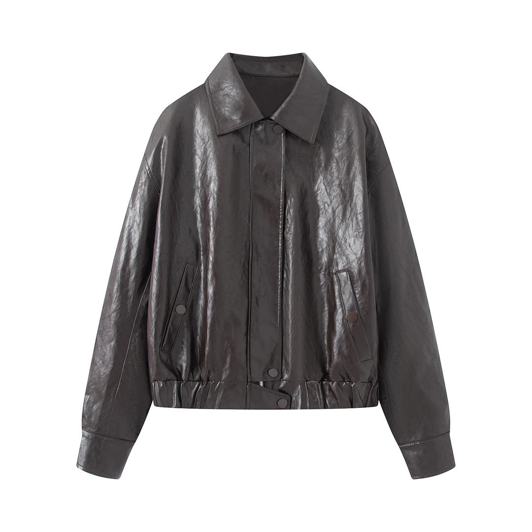 1128{艾}2026春季新款翻领短款亮面皮衣翻领PU克女装秋季女士百搭