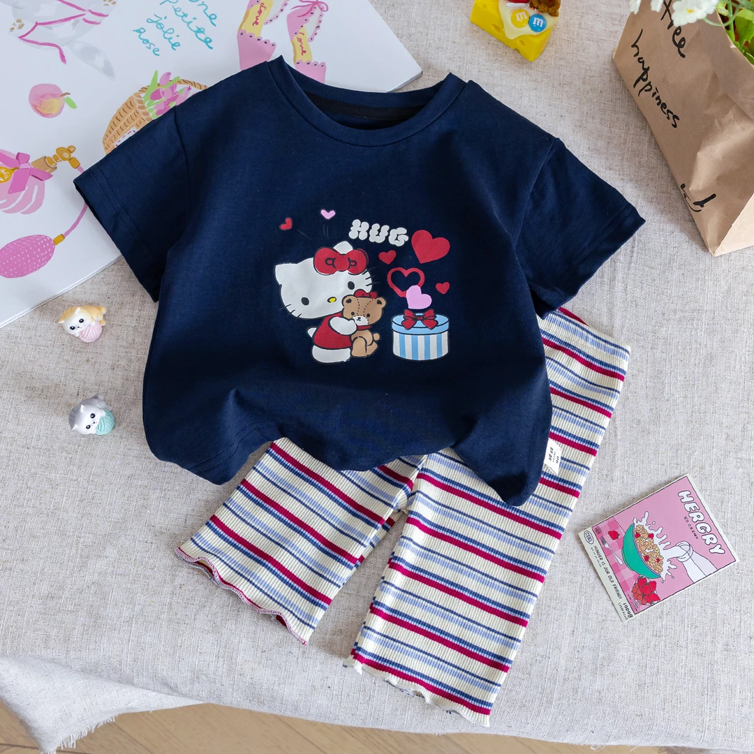 童装女童套装夏季2025新款洋气儿童可爱卡通短袖T恤条纹七分裤子
