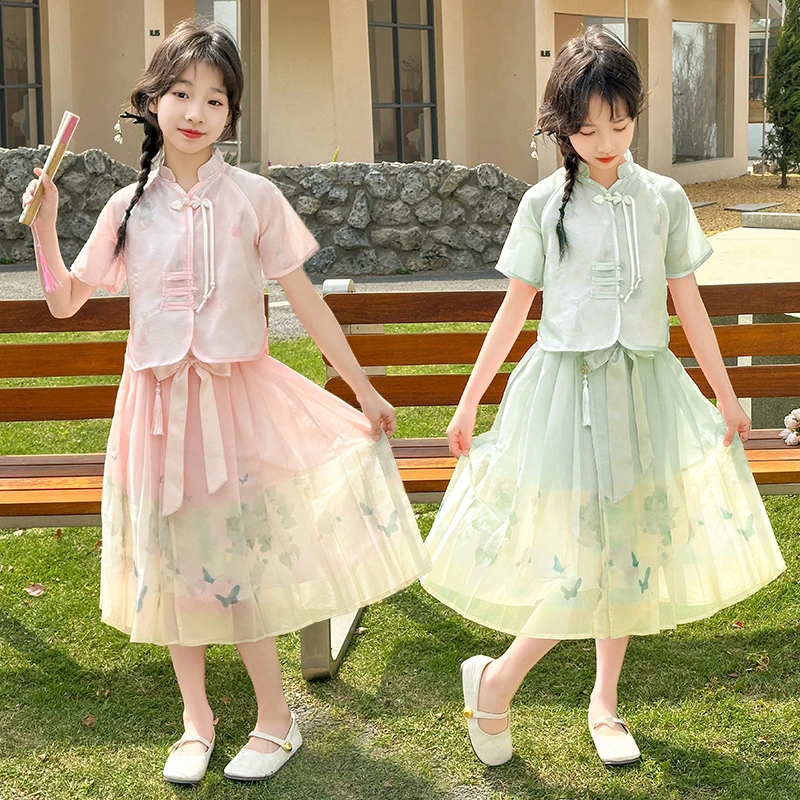 女童汉服套裙2025年夏季新款中大童新中式盘扣儿童表演服套装