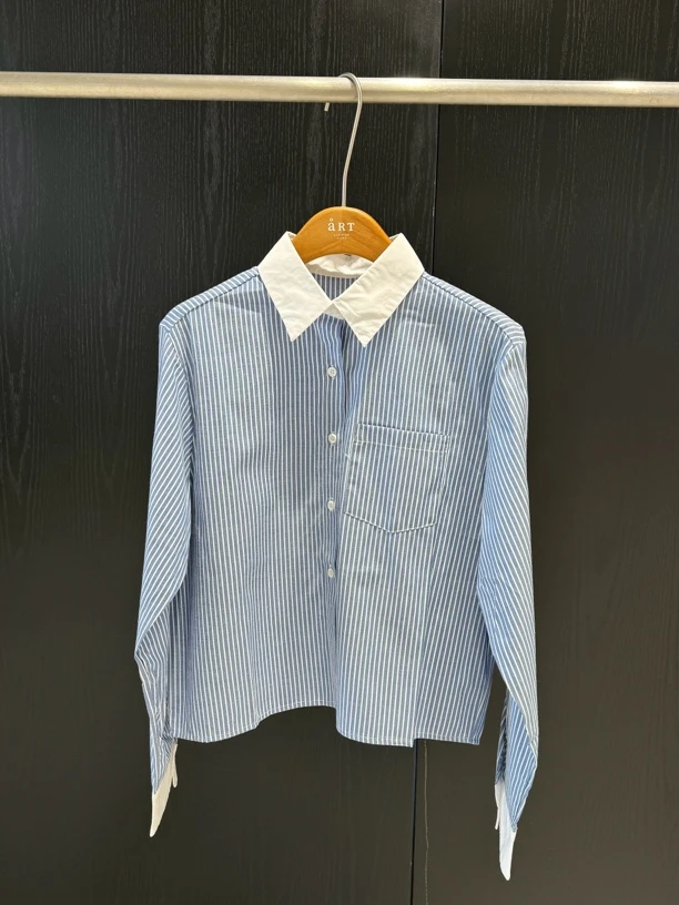 【art家】新款翻领条纹短款衬衣