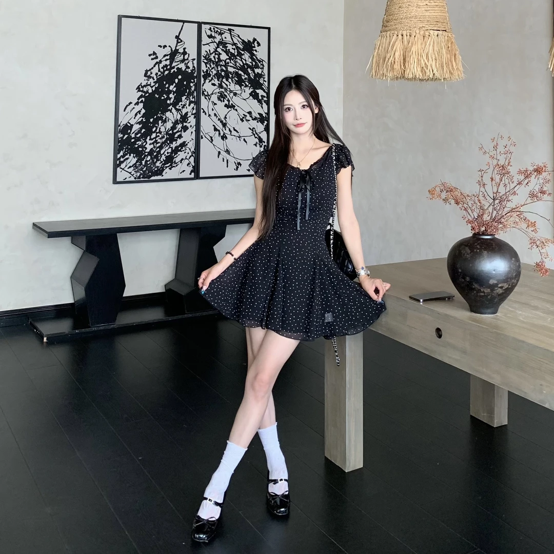 3MER 法式纯欲波点连衣裙女夏季收腰显瘦气质温柔短裙子