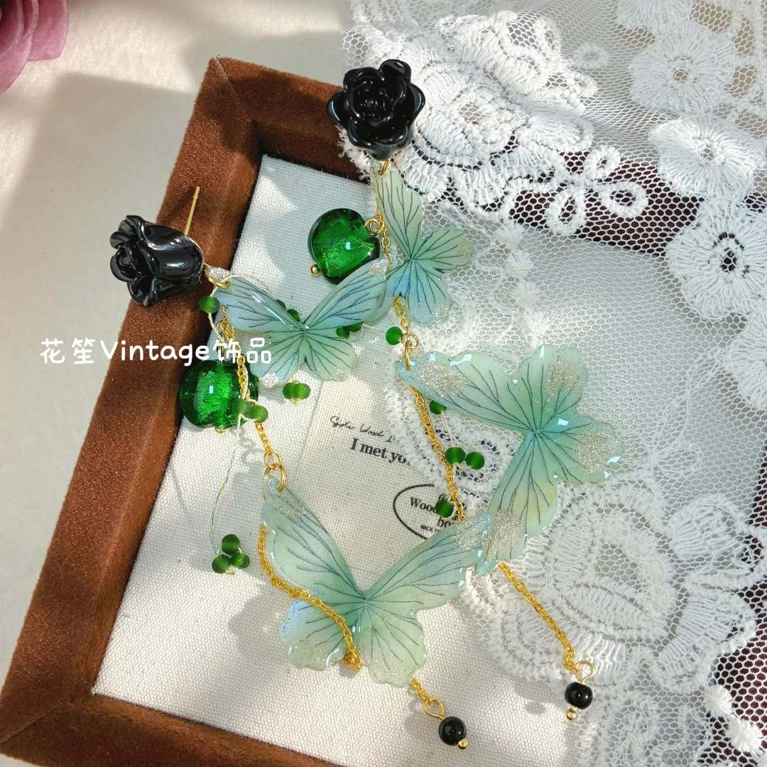 铜合金琉璃耳饰 远远(YY270)绿色复古轻奢时尚百搭蝴蝶流苏