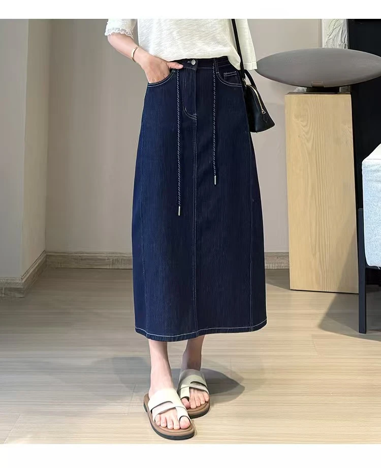 掌柜家夏款侧缝前移斜跨半身裙薄牛仔四面弹锁色深蓝牛仔裙7536