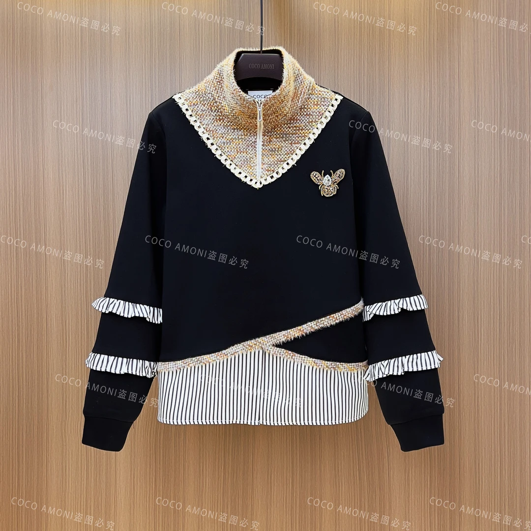 [曼姐]新款设计感蝴蝶结拼接重工减龄显瘦气质百搭长袖卫衣LDD112