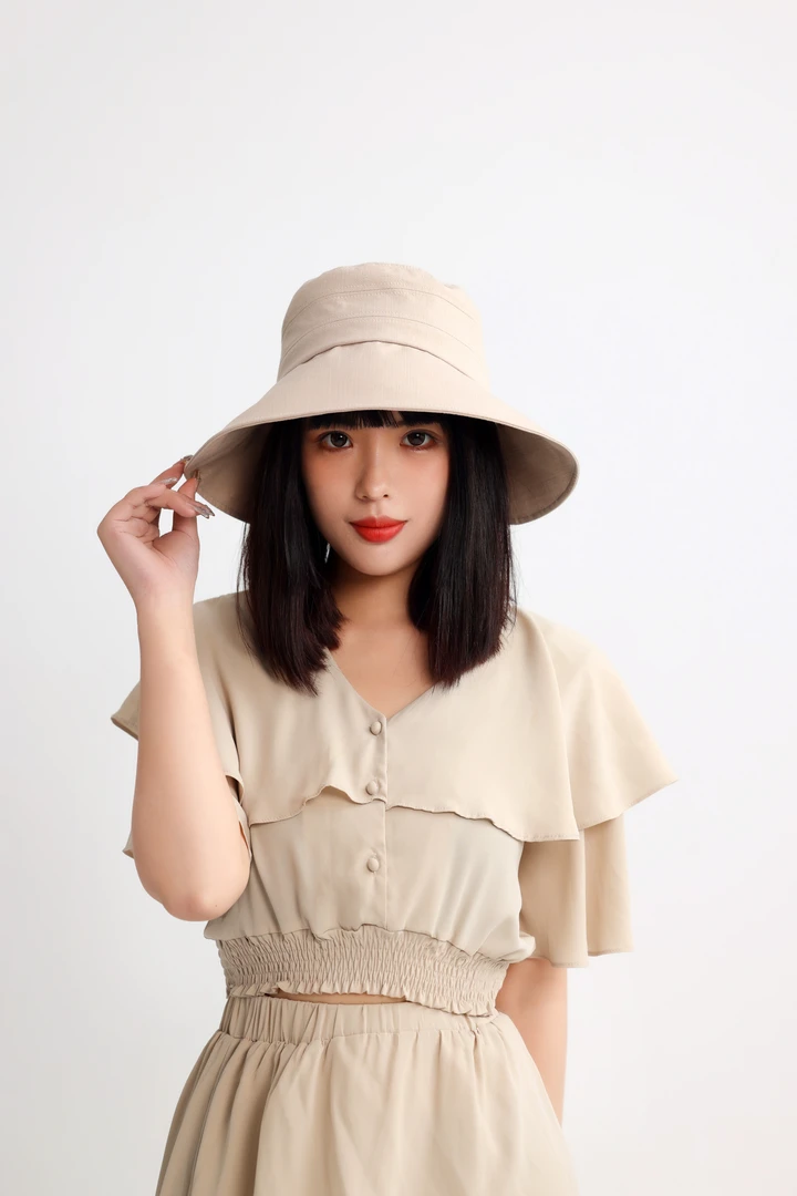 田园风女渔夫帽大檐时尚帽子防晒帽遮阳帽格纹夏季