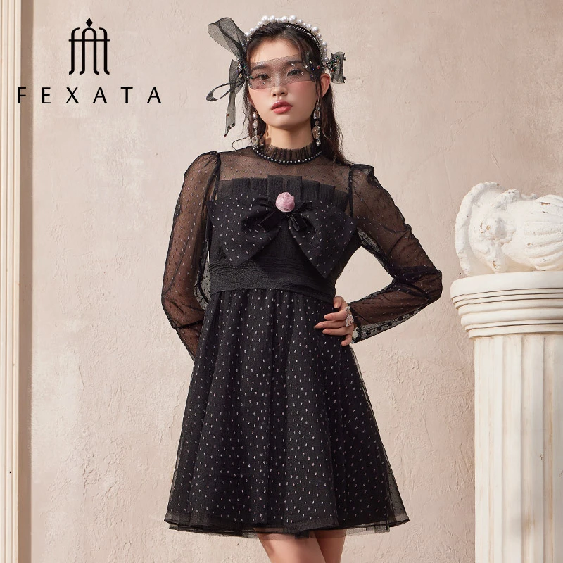 【小朱专属】FEXATA斐格思蝴蝶结圆点网纱连衣裙F24T1302