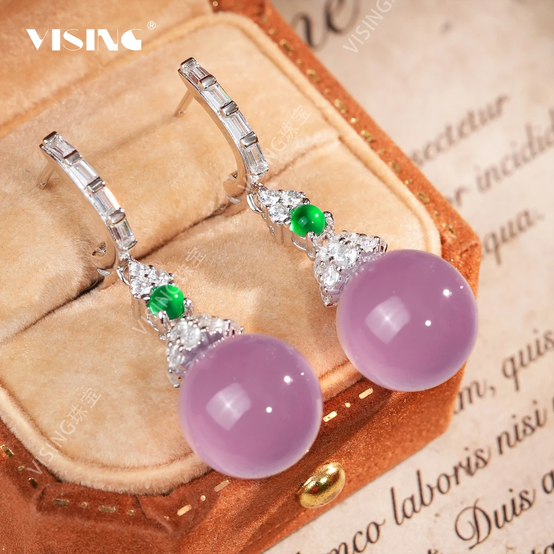 VISING天然原色紫罗兰紫玉髓圆珠耳坠耳环耳扣国风新中式饰品