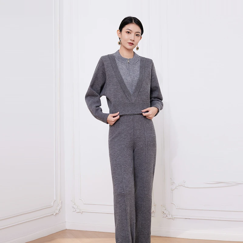 希区瑞普高腰针织衫女半高领假简约毛衣休闲裤两件套洋气灰色上衣