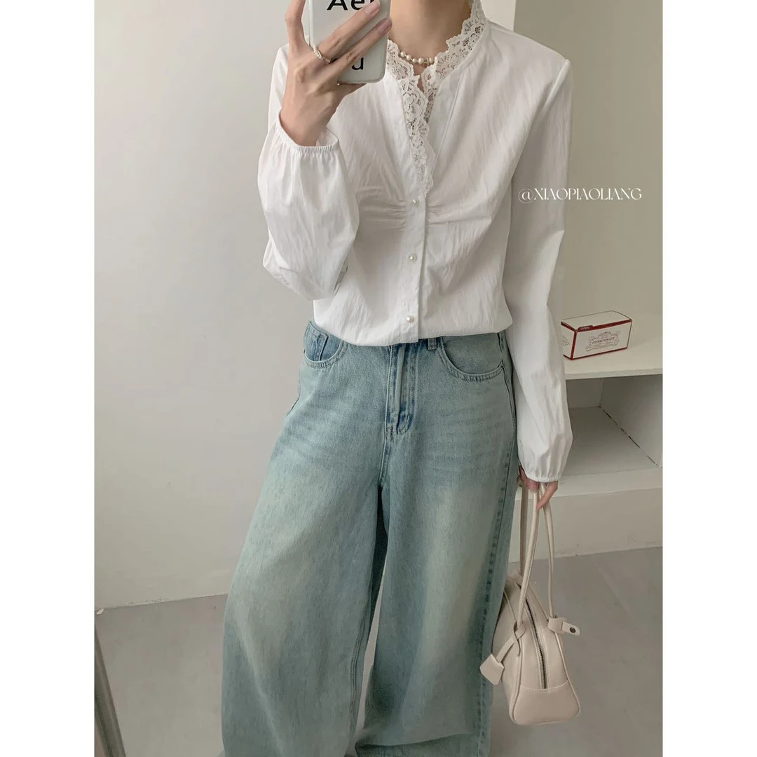 法式新款上衣拼接蕾丝衬衫珍珠扣设计感褶皱长袖百搭衬衣2343#lg