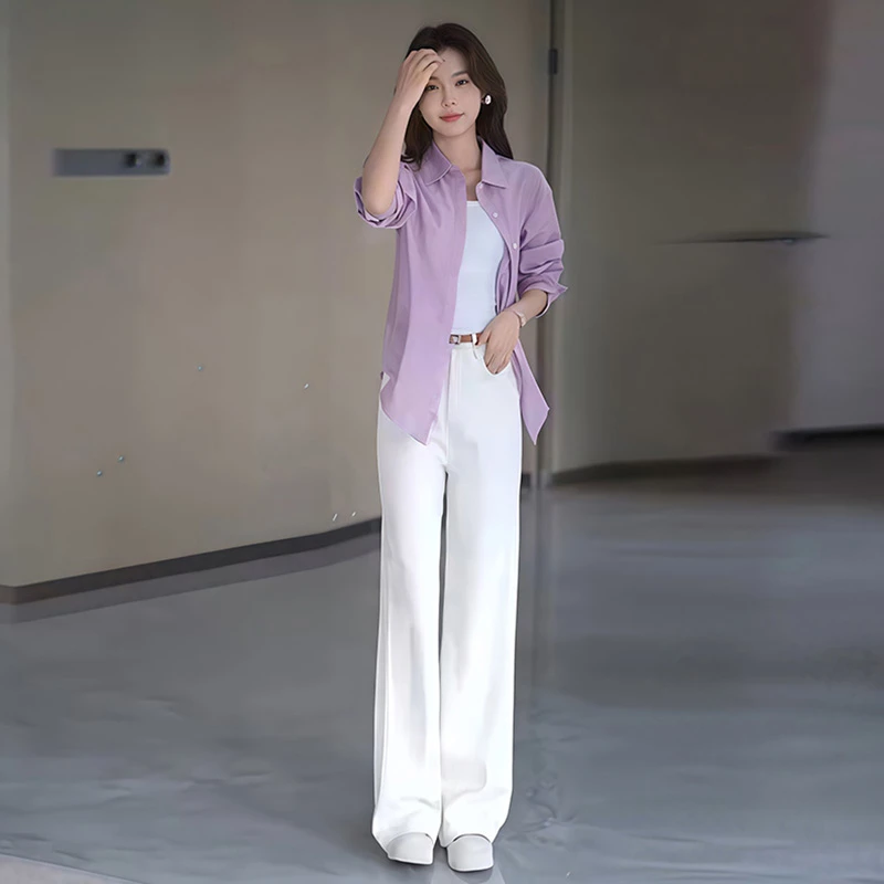 韩系简约通勤时尚套装女洋气百搭防晒衬衫夏季新款高腰白色牛仔裤