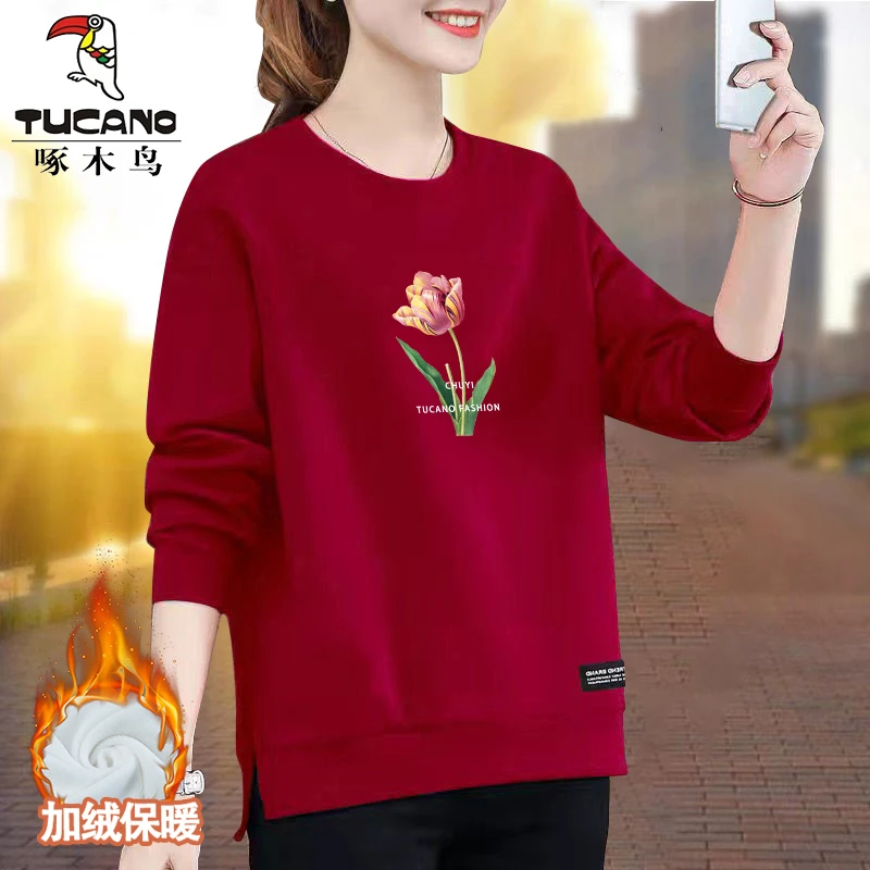 啄木鸟2024年秋冬季爆款圆领卫衣宽松红色加绒开叉保暖大码上衣