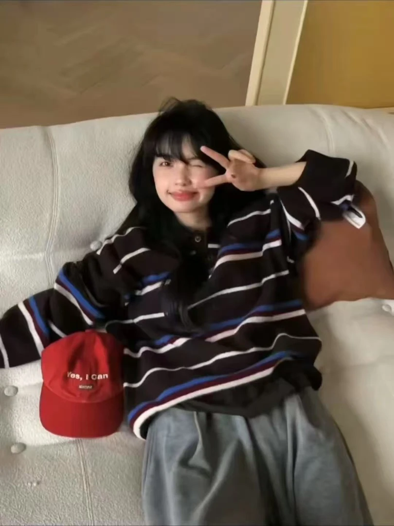 长袖宽松型秋季针织条纹毛针织衫撞色百搭韩版运动风