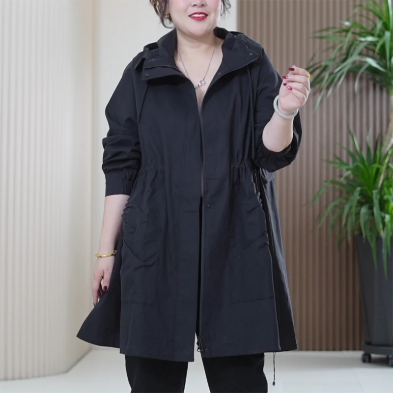 机能棉都市轻户外风衣女大码显瘦弹力收腰百搭中长款连帽秋季外套