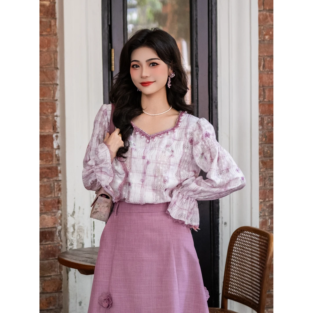 LIJIUJIU【紫雾晨露】气质长袖法式复古时尚显瘦印花衬衫YY2508068