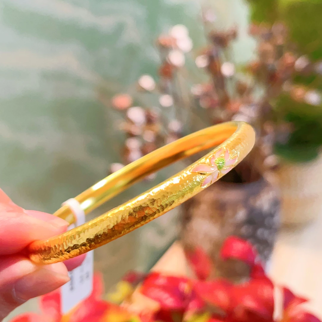 足银珐琅手镯 锤纹荷花镯子