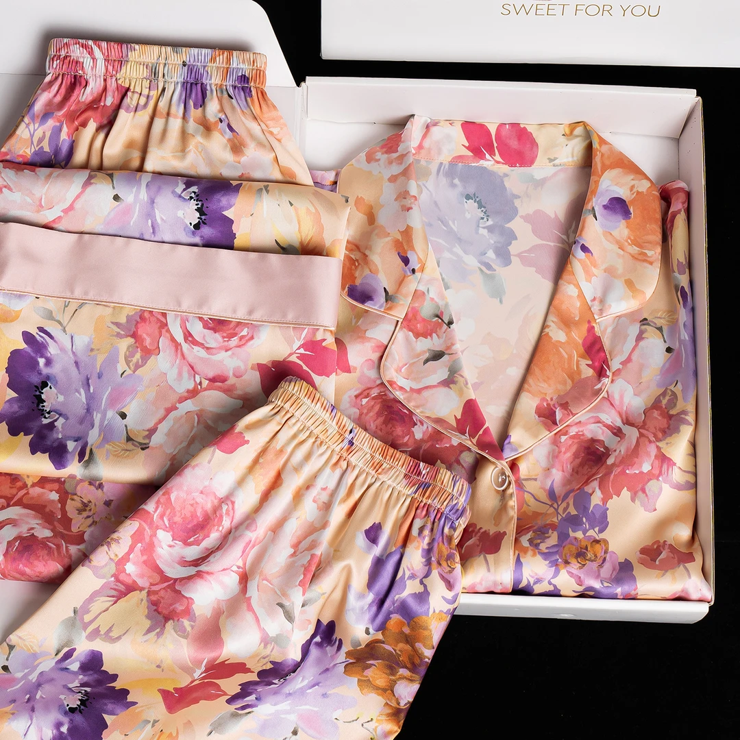 达芬奇密码魏紫花2026新款欧若风三件套睡衣宽松女士家居服套装