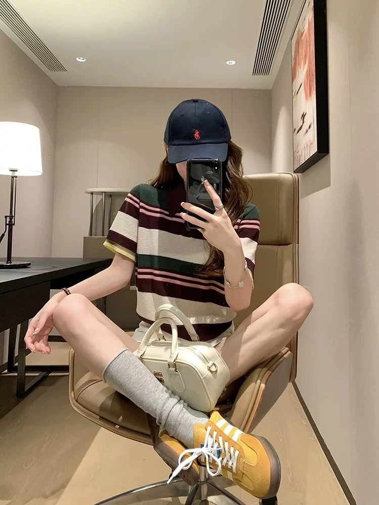 【俊俊轻奢】2025夏季新款法式撞色条纹樱桃刺绣POLO领针织T恤K515