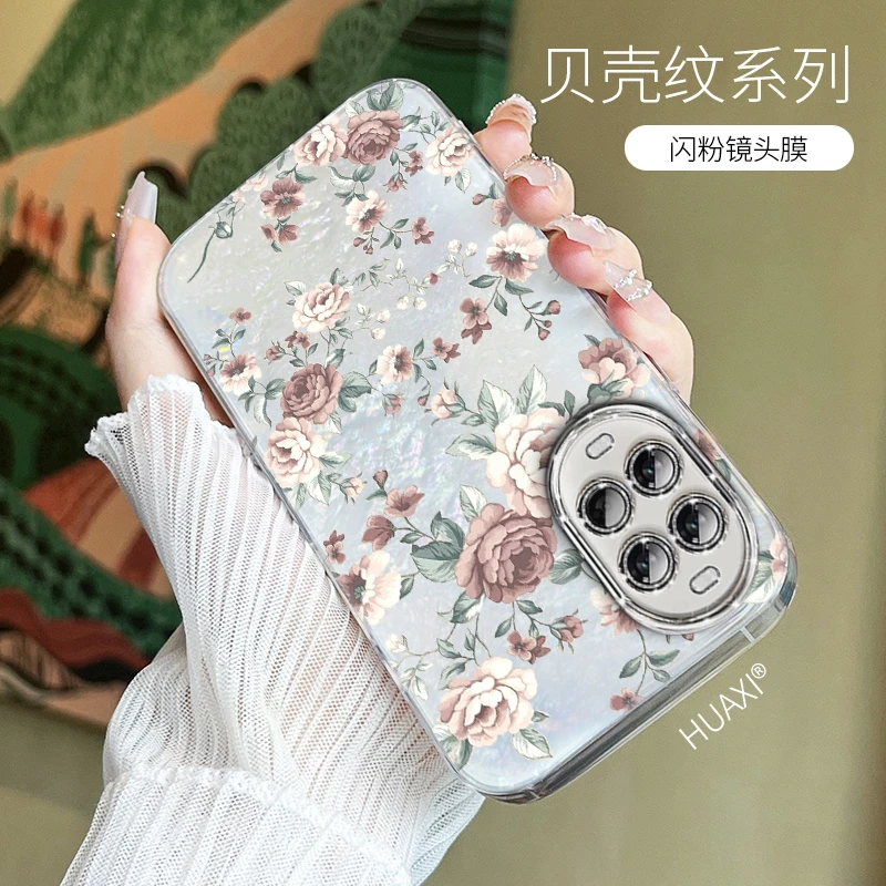 复古玫瑰适用于华为nova14手机壳透明闪粉镜头膜网红同款数码配件