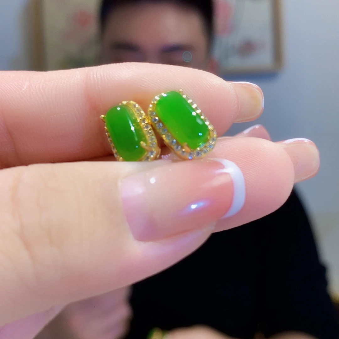 和田玉（碧玉）耳饰银S925镀金镶嵌