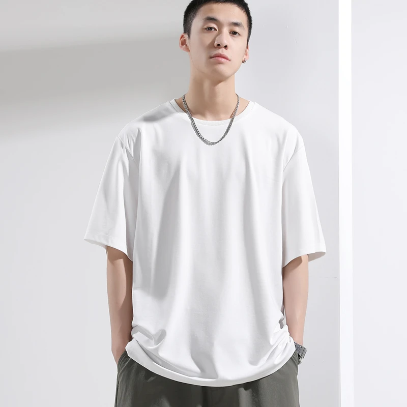 殿若大码夏季短袖t恤男冰丝薄款白色打底衫美式潮流宽松休闲上衣
